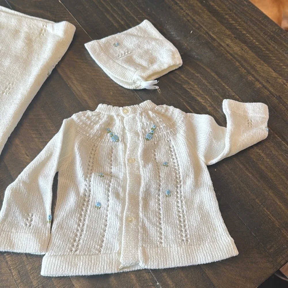 Handcrafted Vintage Baby Set - white Creamy color and knitted floral accent Blue